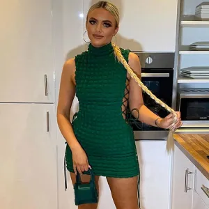 NEW Retails $80 MICAS Emerald Green Check effect mock neck lace up cutout club mini dress Sz L