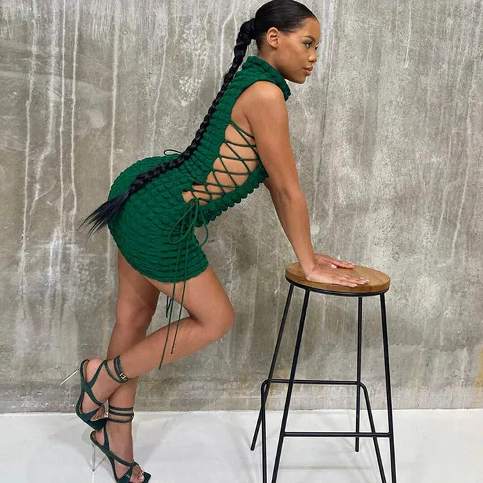 NEW Retails $80 MICAS Emerald Green Check effect mock neck lace up cutout club mini dress Sz L