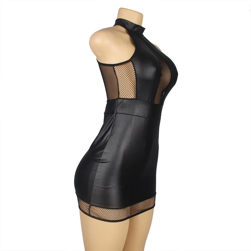 New Sexy Solid Black Color Halter Leather Lingerie Dress