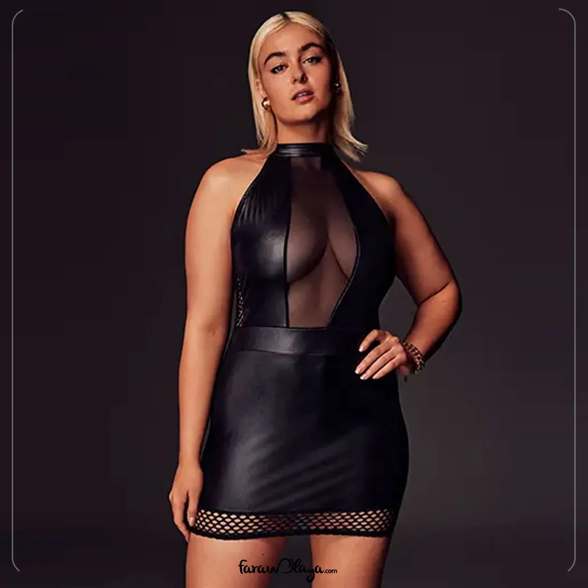 New Sexy Solid Black Color Halter Leather Lingerie Dress