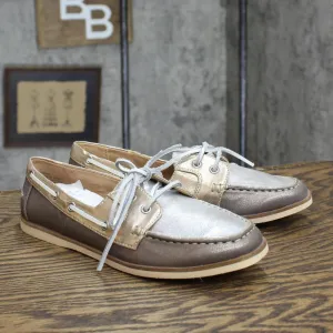 Nine West Womens Vintage TONYGD Shiny Boat Shoes Silver / Gold 6.5M