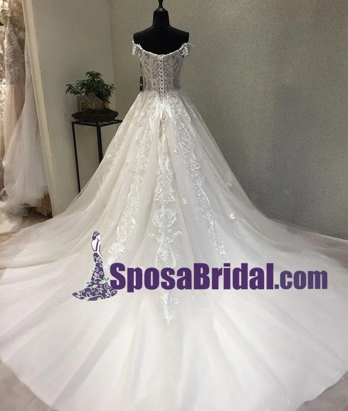 Off Shoulder Lace Up Back Long Tulle and lace Wedding Dresses with train, Elegant Pretty Bridal Gowns. WD0267