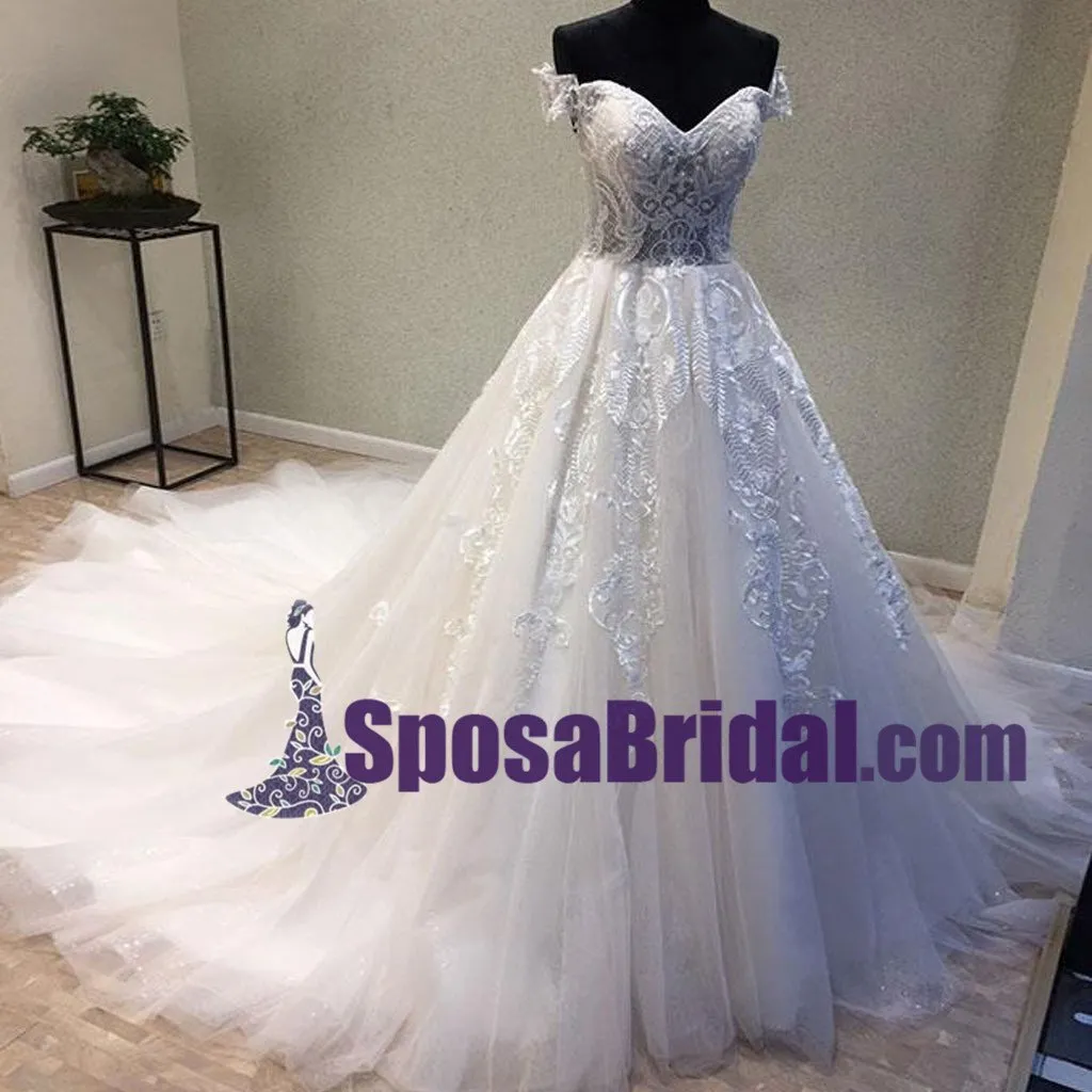 Off Shoulder Lace Up Back Long Tulle and lace Wedding Dresses with train, Elegant Pretty Bridal Gowns. WD0267