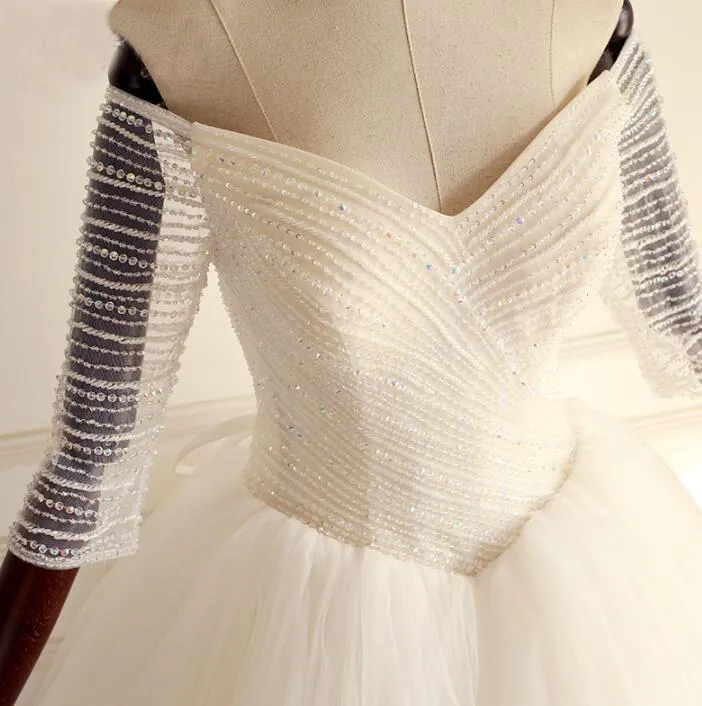 Off-the-Shoulder 3/4 Sleeves Sweetheart Bridal Gowns Sparkly Beading Shinning Gorgeous Princess Wedding Dresses , WD0281