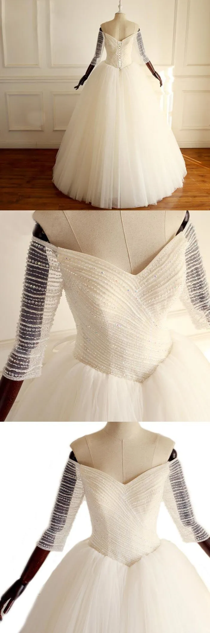 Off-the-Shoulder 3/4 Sleeves Sweetheart Bridal Gowns Sparkly Beading Shinning Gorgeous Princess Wedding Dresses , WD0281