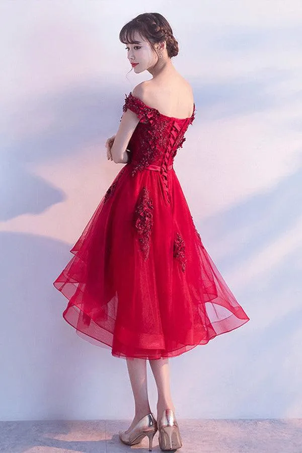 Off The Shoulder Luxury Appliques High Low Red Homcoming Dress HD0155