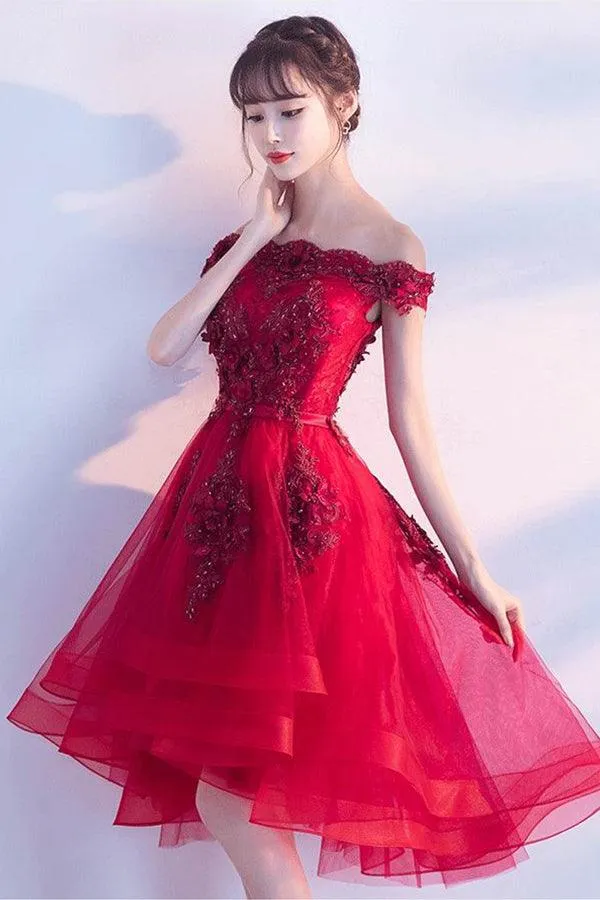 Off The Shoulder Luxury Appliques High Low Red Homcoming Dress HD0155