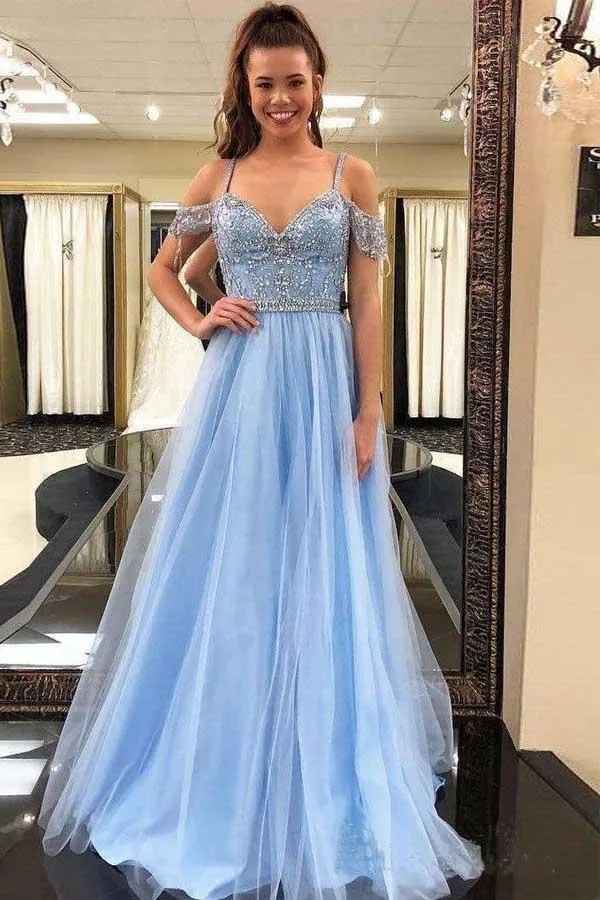 Off the Shoulder Sky Blue Beaded Tulle Prom Dresses Long Formal Dresses  PG963