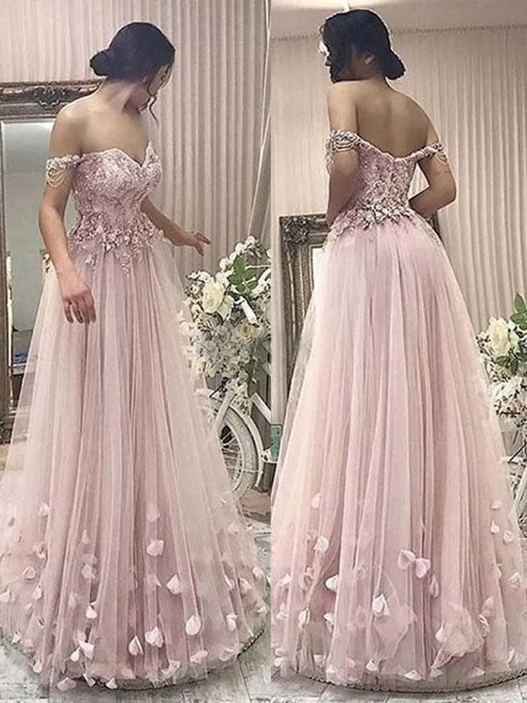 Off the Shoulder Sweetheart Grey Pink Lace and Flower Long Prom Dresses PG773