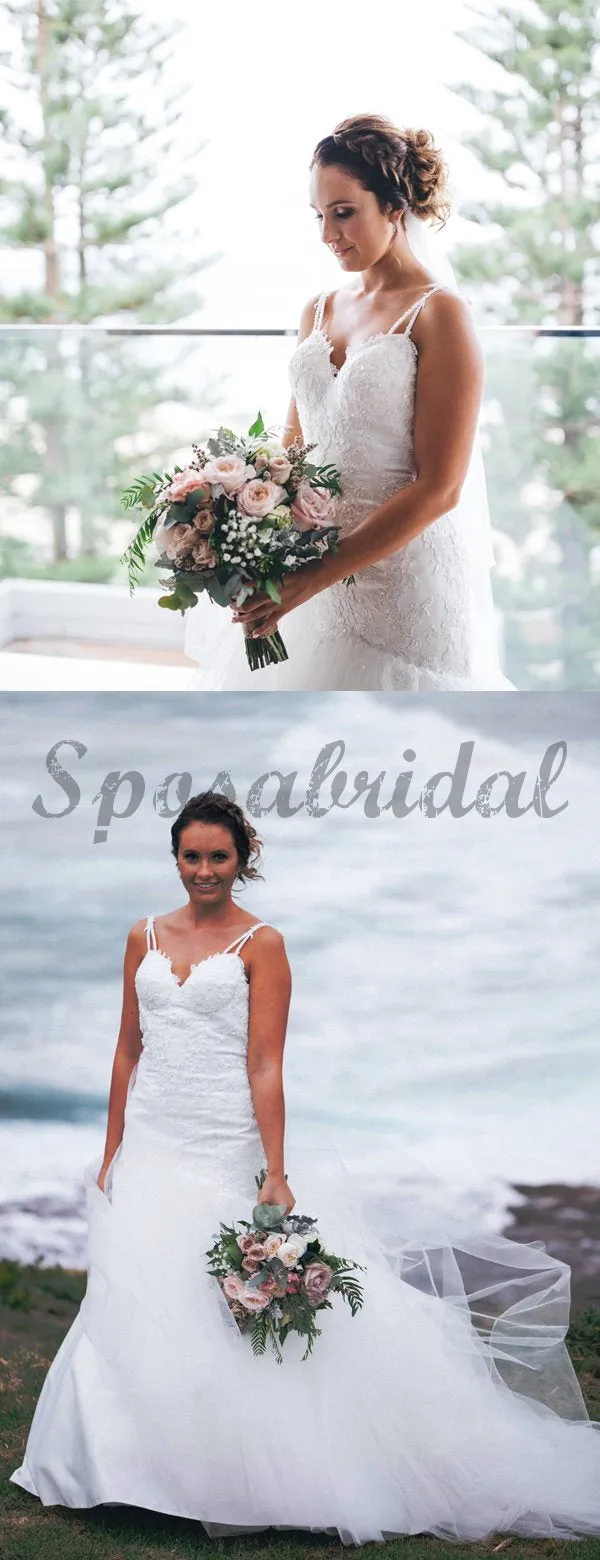 Off White Lace Tulle Spaghetti Strap Mermaid Wedding Dresses WD365