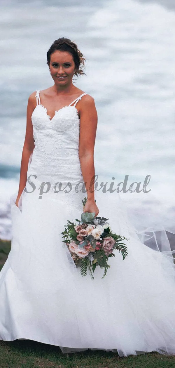 Off White Lace Tulle Spaghetti Strap Mermaid Wedding Dresses WD365