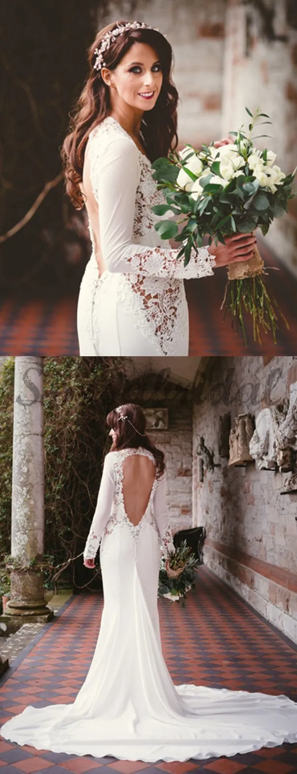 Open Back Long Sleeve See Through Lace Mermaid With Train Wedding Dresses WD0361