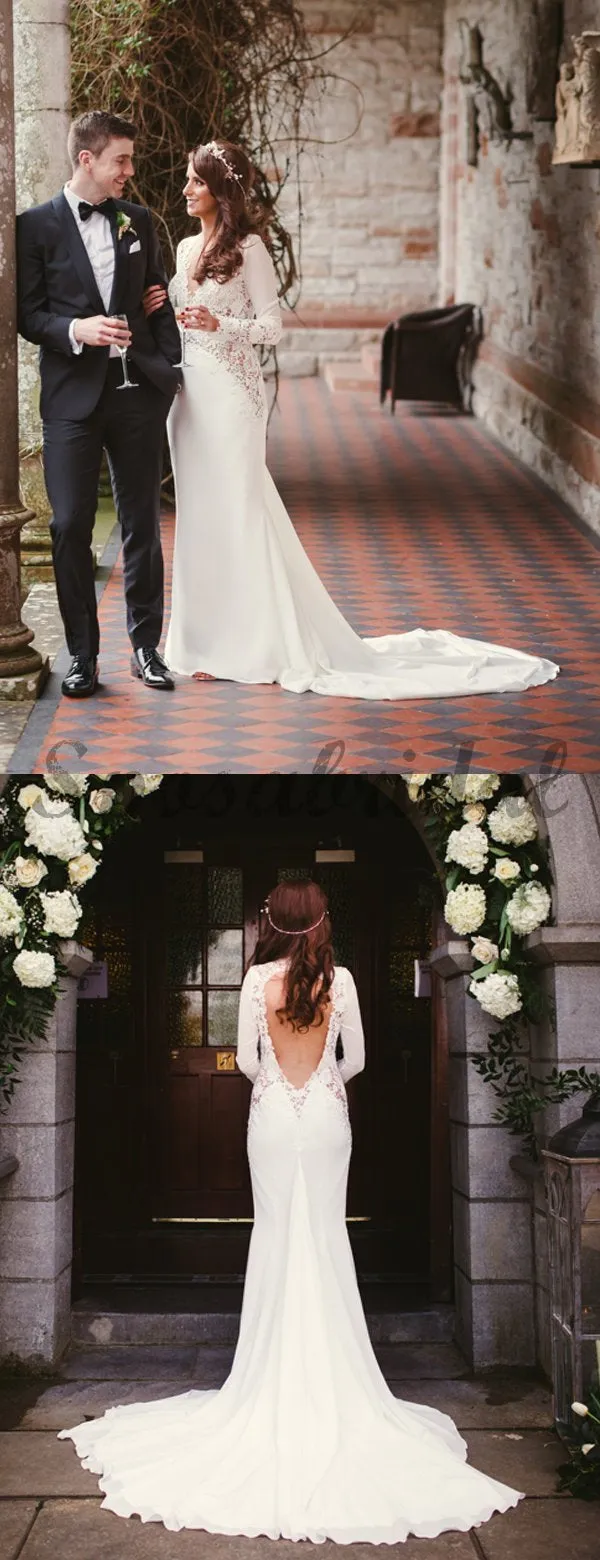 Open Back Long Sleeve See Through Lace Mermaid With Train Wedding Dresses WD0361