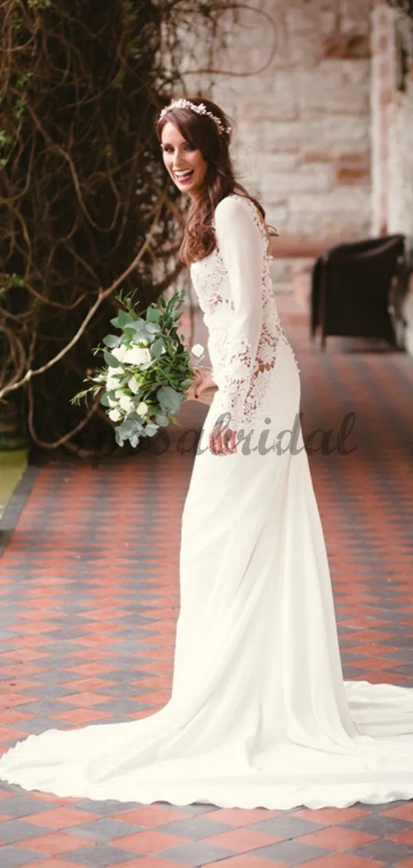 Open Back Long Sleeve See Through Lace Mermaid With Train Wedding Dresses WD0361