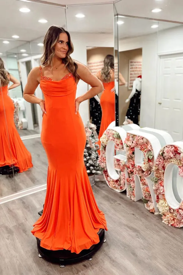 Orange Mermaid Satin Prom Dresses Strap Formal Dress TP1297