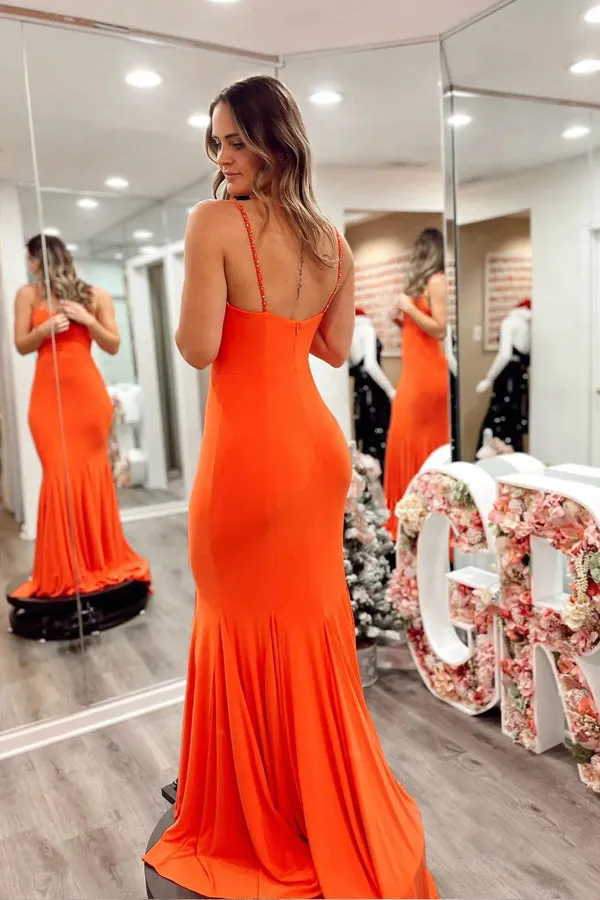 Orange Mermaid Satin Prom Dresses Strap Formal Dress TP1297