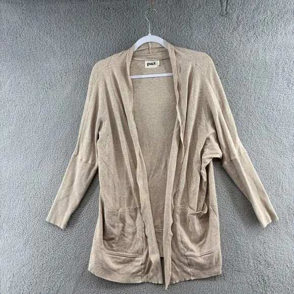 PACT Cardigan Organic Cotton Airplane Open Front Cream Sweater Pockets S/M