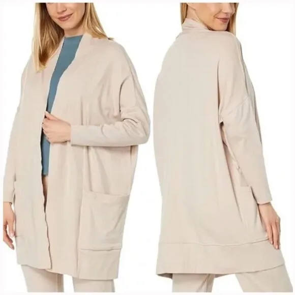 PACT Cardigan Organic Cotton Airplane Open Front Cream Sweater Pockets S/M