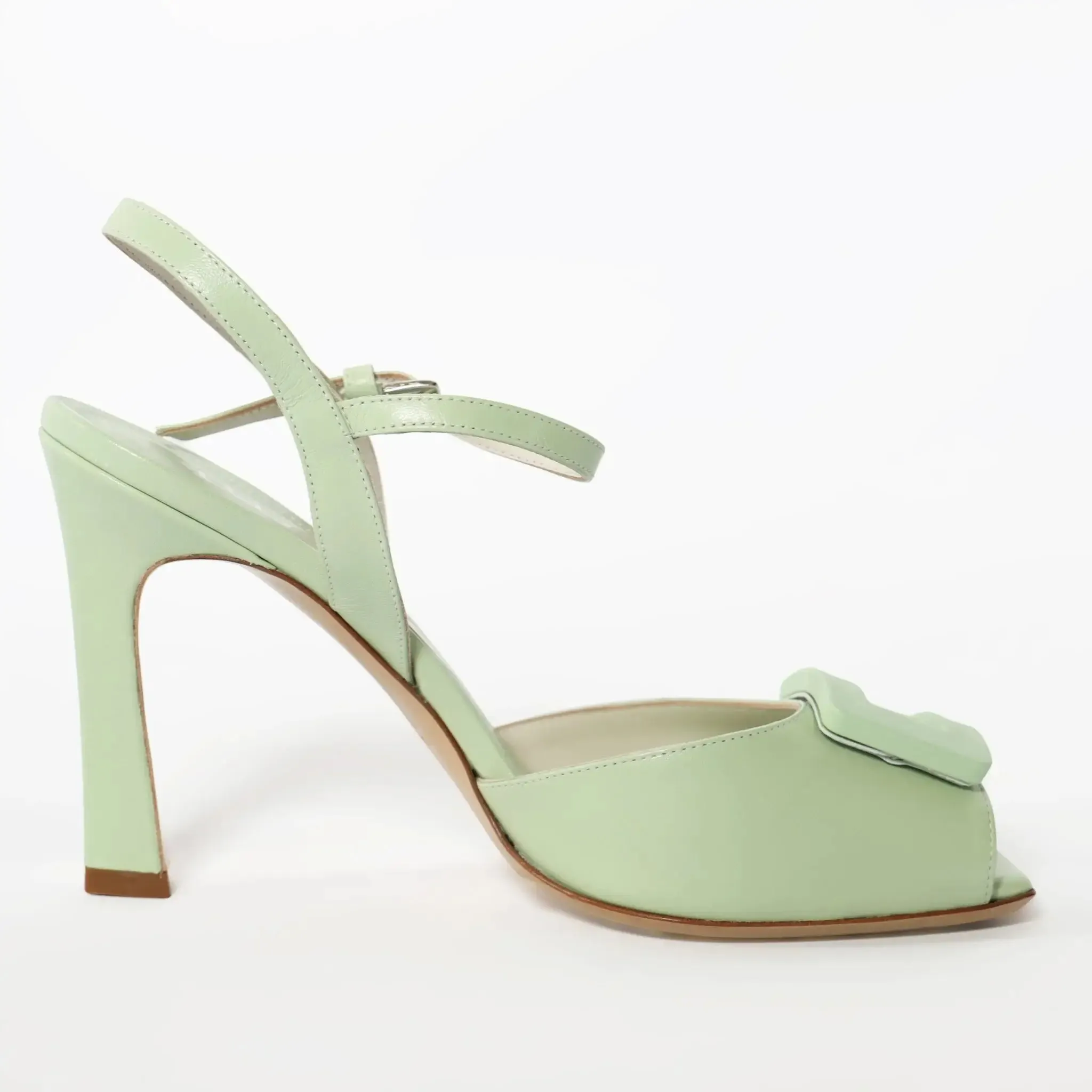 Pastel Green Peep Toe Embellished Leather Women's Italian Sandals