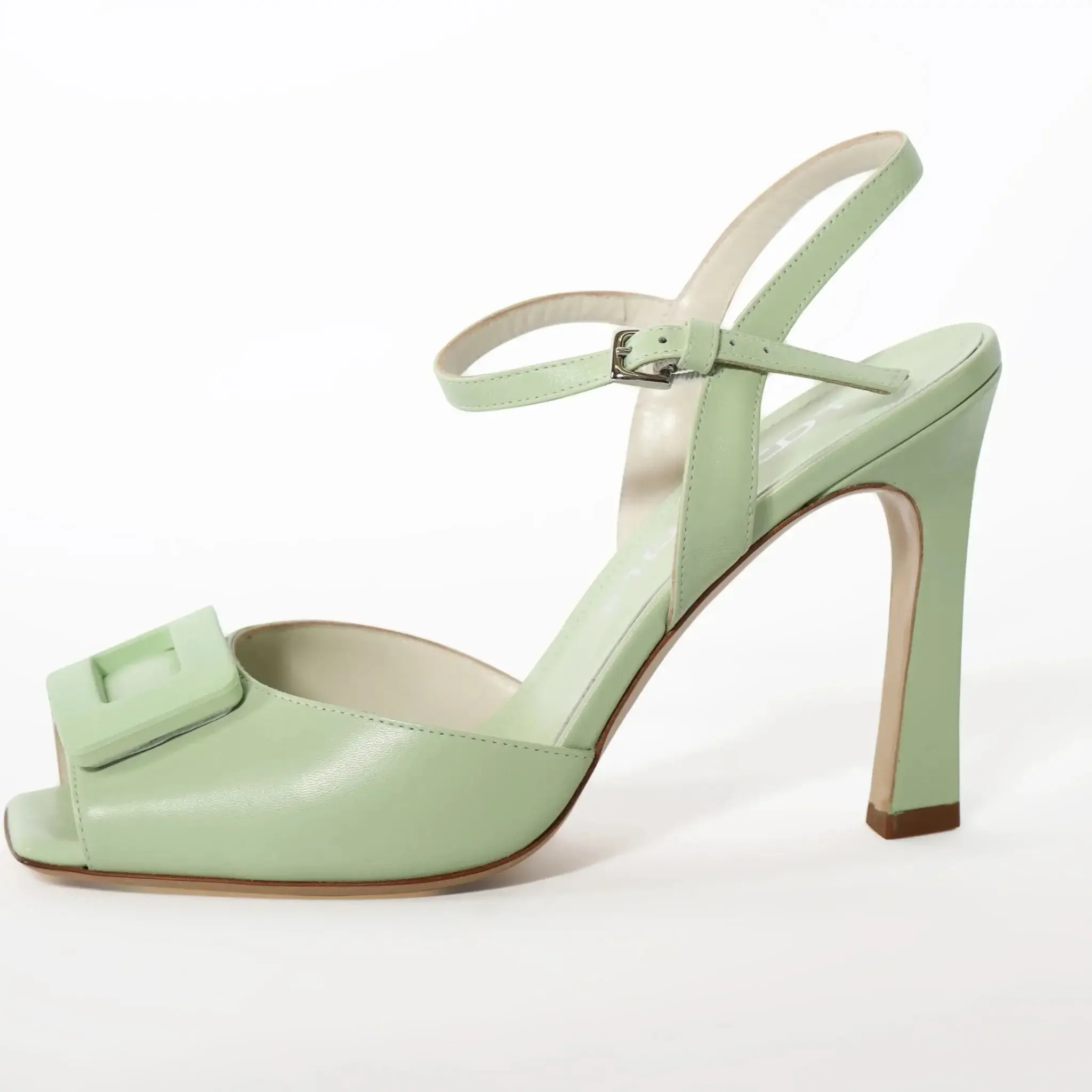 Pastel Green Peep Toe Embellished Leather Women's Italian Sandals