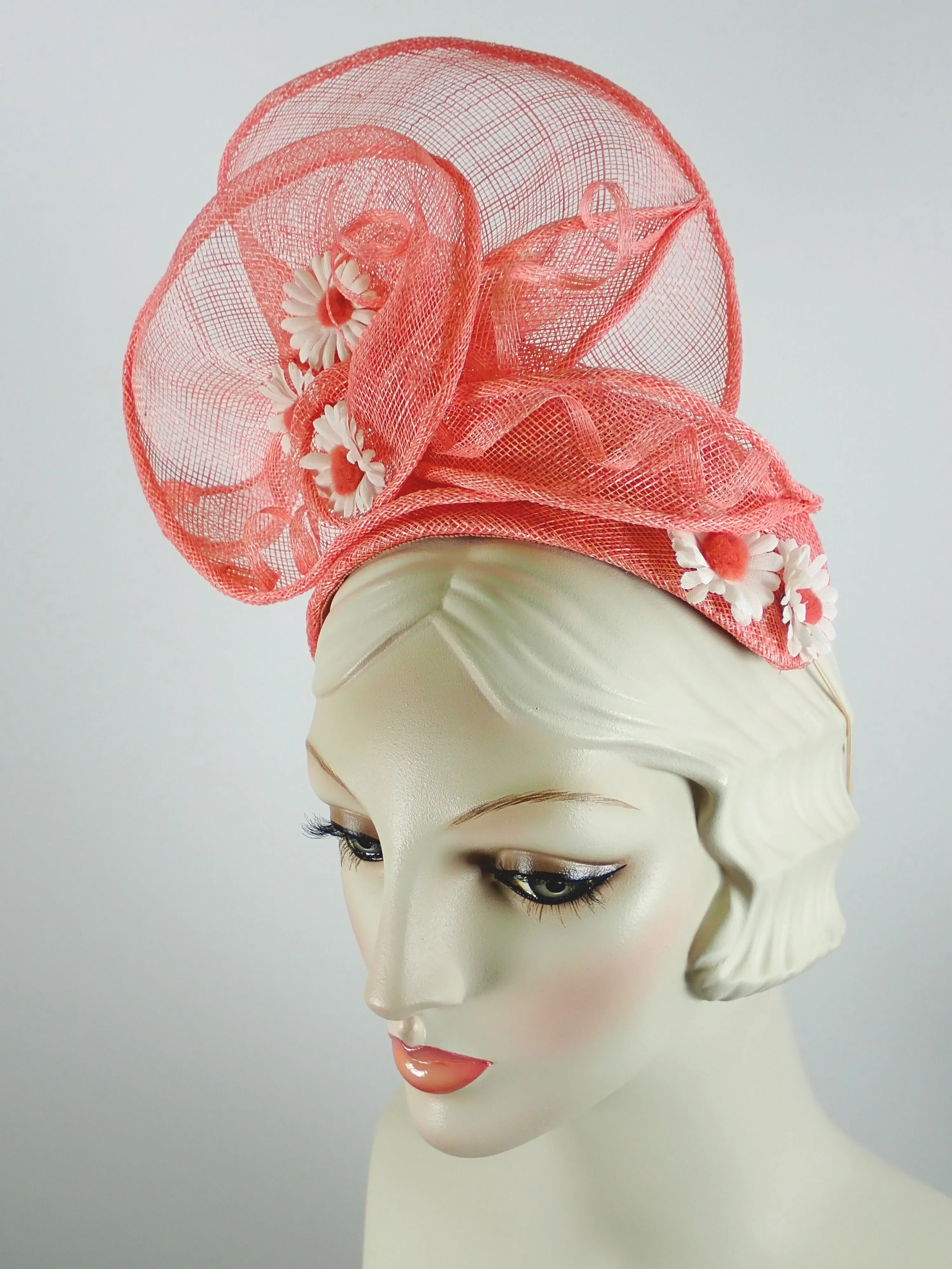 Peach Coral Sinamay Fascinator Hat for Women
