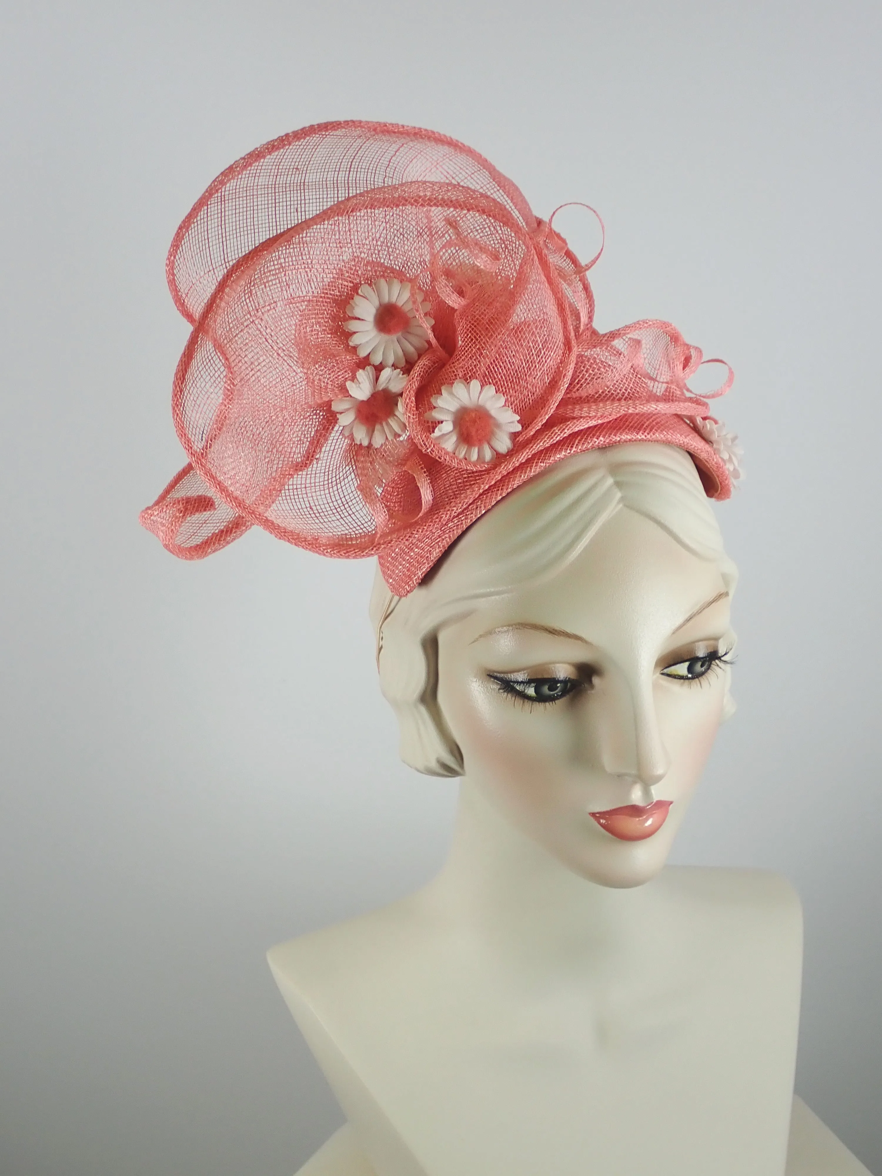Peach Coral Sinamay Fascinator Hat for Women