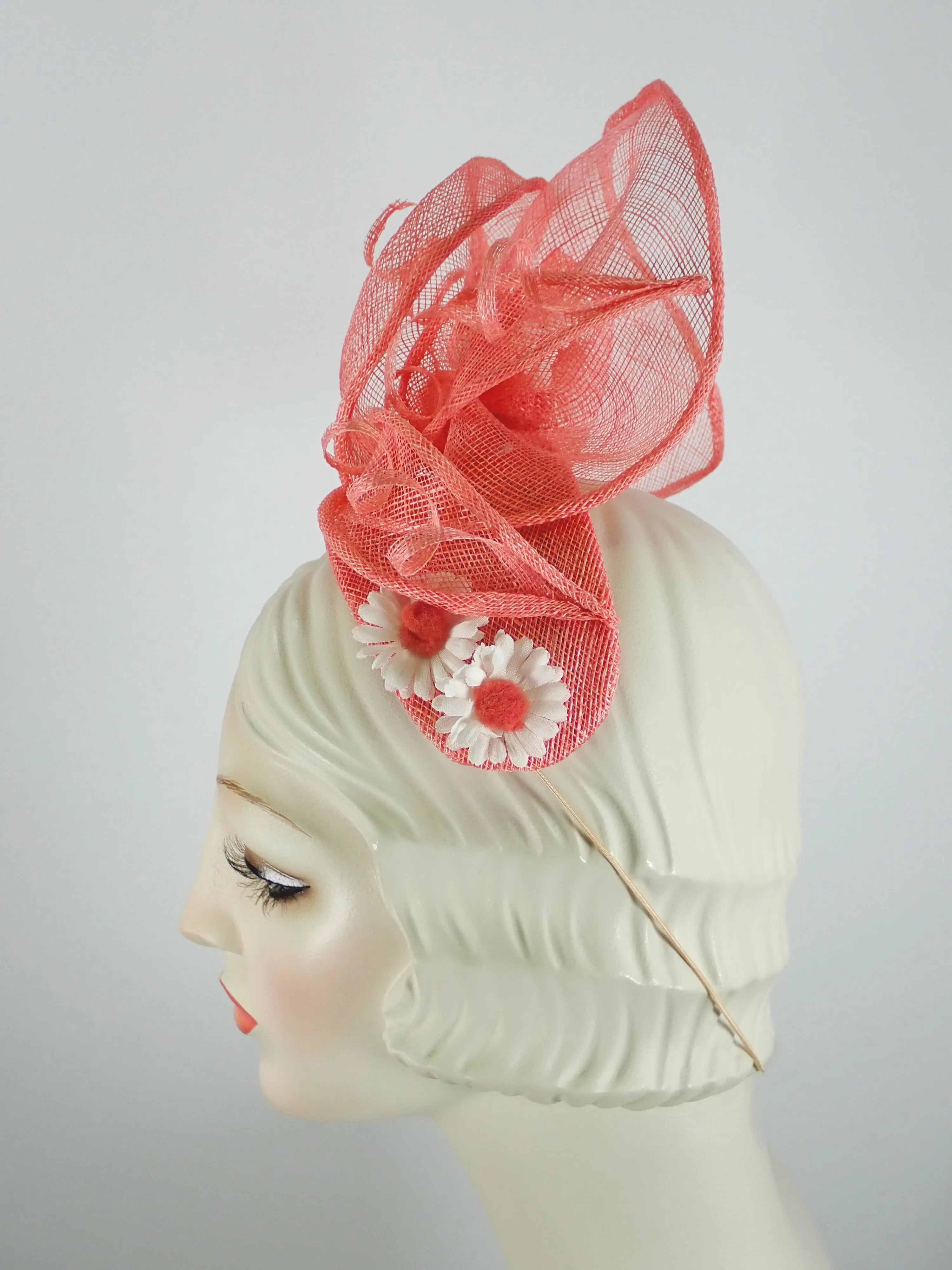 Peach Coral Sinamay Fascinator Hat for Women