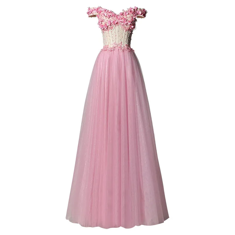 Pink Off Shoulder New Style Long Tulle Prom Dress, New Party Dresses