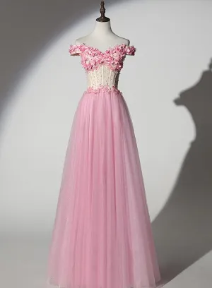 Pink Off Shoulder New Style Long Tulle Prom Dress, New Party Dresses