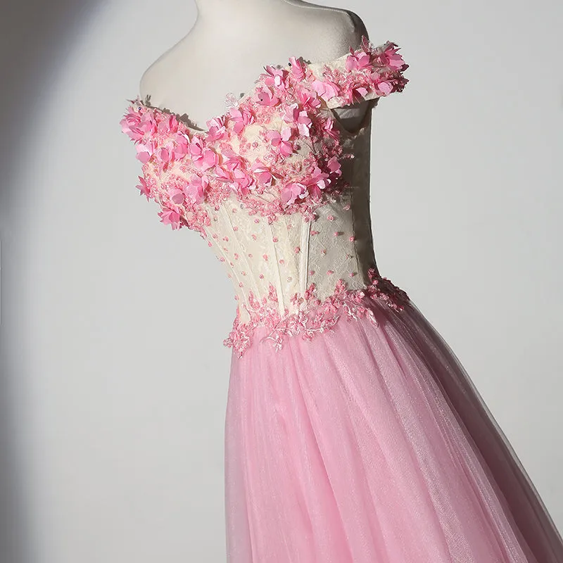 Pink Off Shoulder New Style Long Tulle Prom Dress, New Party Dresses