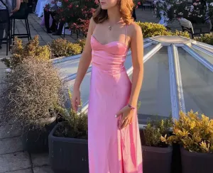 Pink spaghetti straps Long sexy party prom evening dress    fg5760