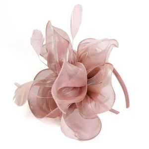 Pink Wedding Fascinator Hat Women Feather Flower Hair Band Church Tea Party Headdress