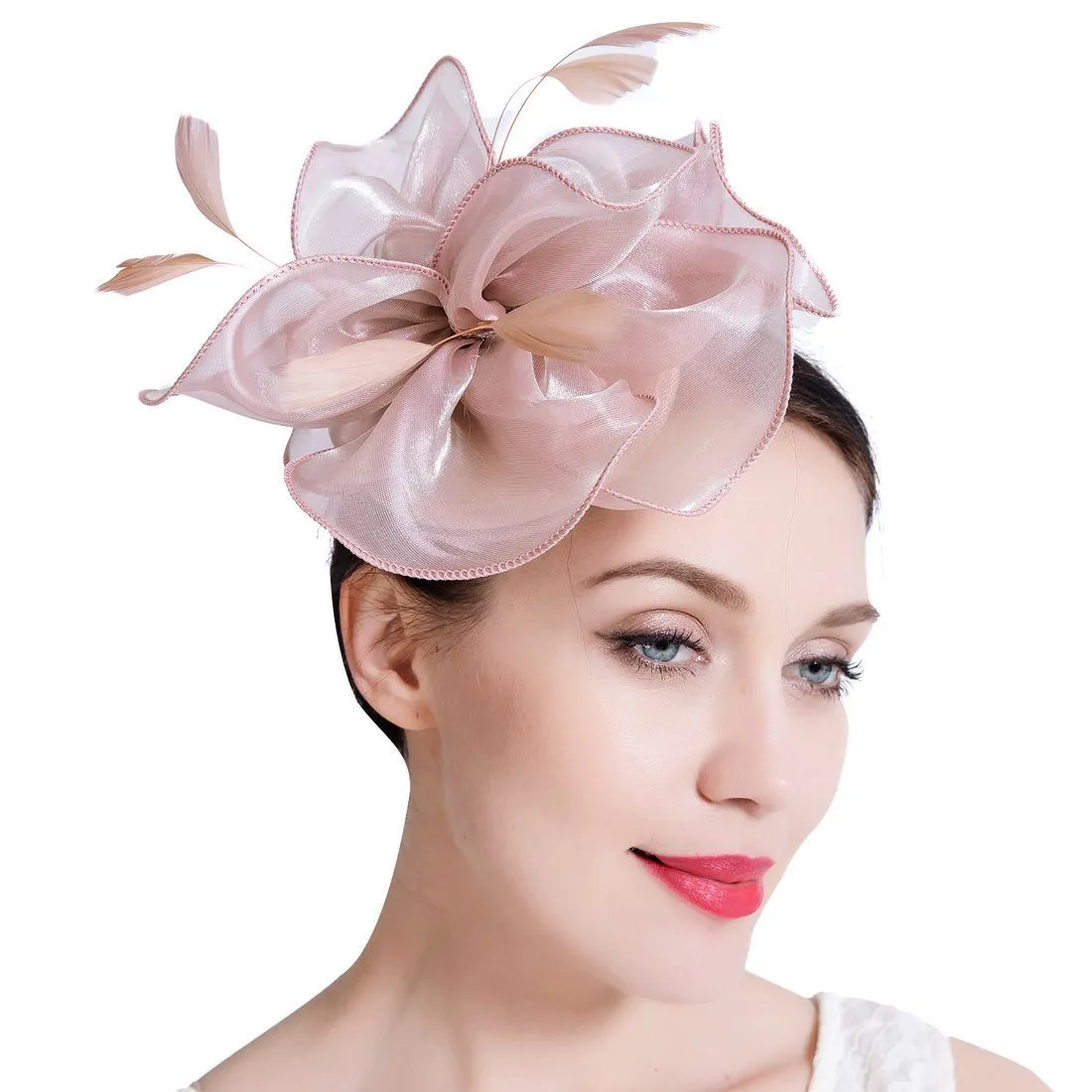 Pink Wedding Fascinator Hat Women Feather Flower Hair Band Church Tea Party Headdress