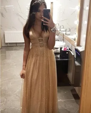 Plunge V Neck Sexy Prom Dresses Bling Bling Formal Dress for Prom