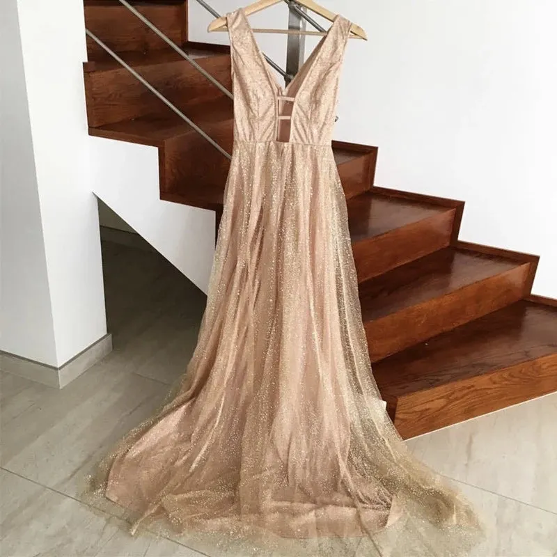 Plunge V Neck Sexy Prom Dresses Bling Bling Formal Dress for Prom