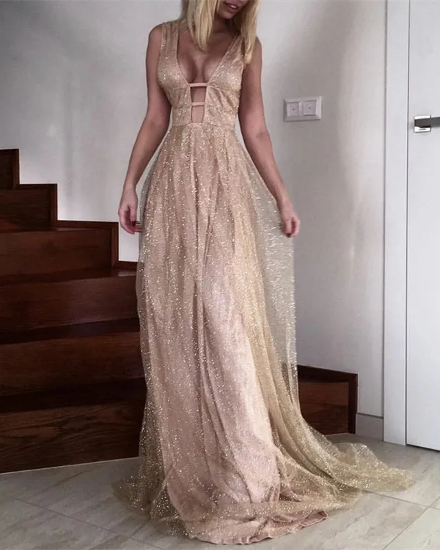 Plunge V Neck Sexy Prom Dresses Bling Bling Formal Dress for Prom