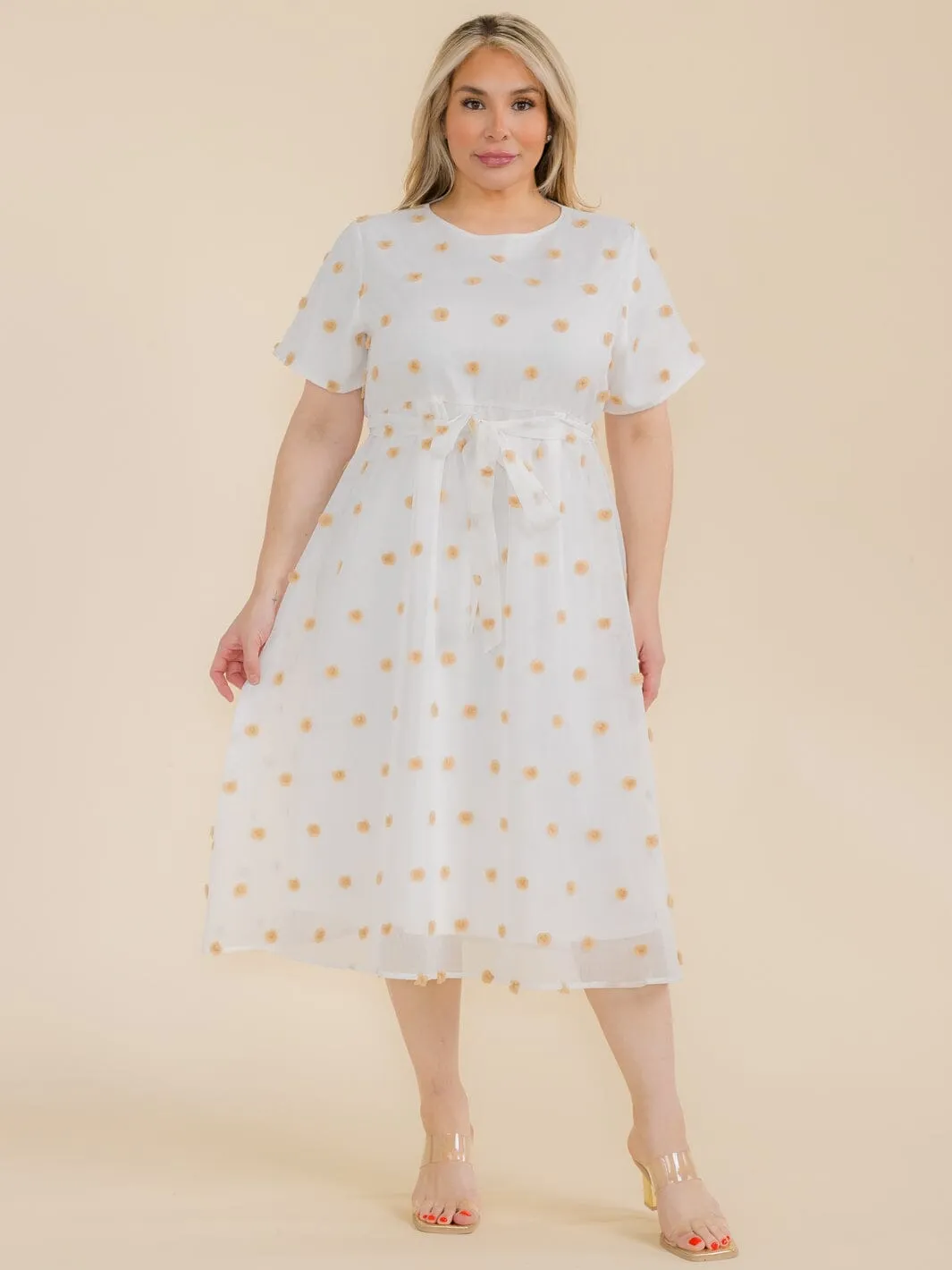 PLUS SIZE SHORT SLEEVE SWISS DOT DETAILED SELF TIE MIDI DRESS