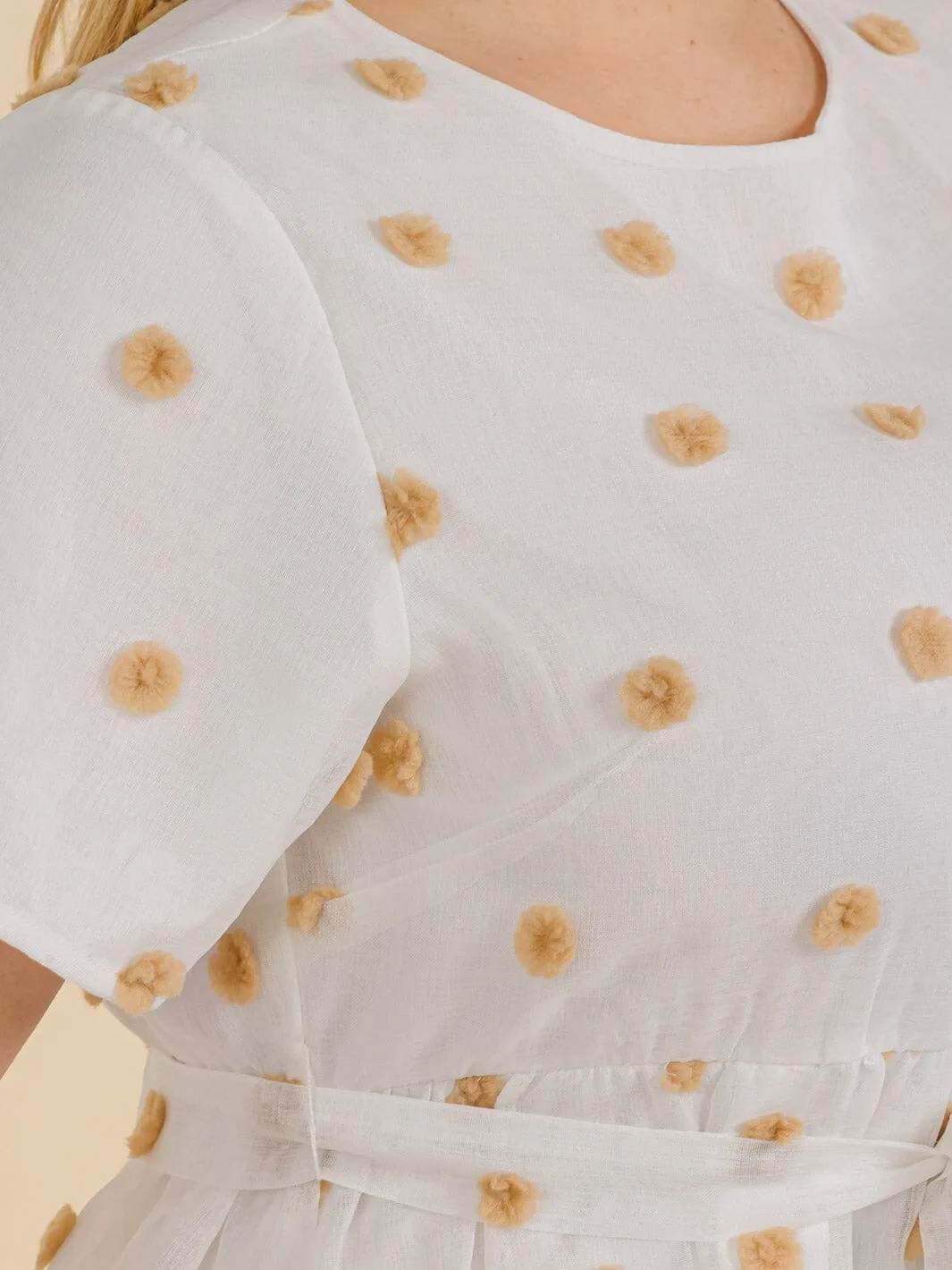 PLUS SIZE SHORT SLEEVE SWISS DOT DETAILED SELF TIE MIDI DRESS