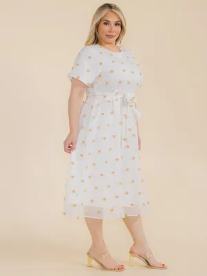 PLUS SIZE SHORT SLEEVE SWISS DOT DETAILED SELF TIE MIDI DRESS