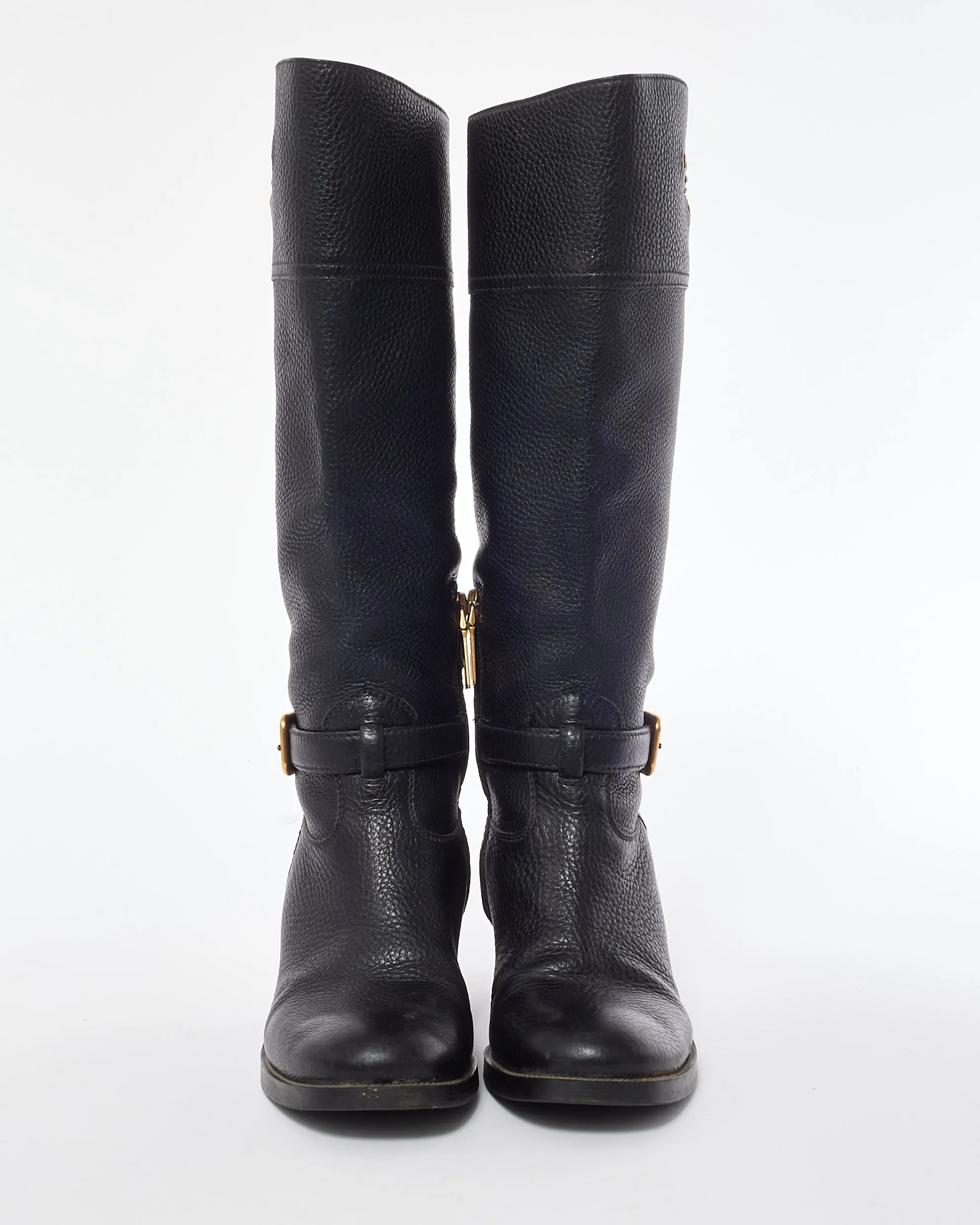 Prada Black Leather Knee High Logo Boots - 7.5