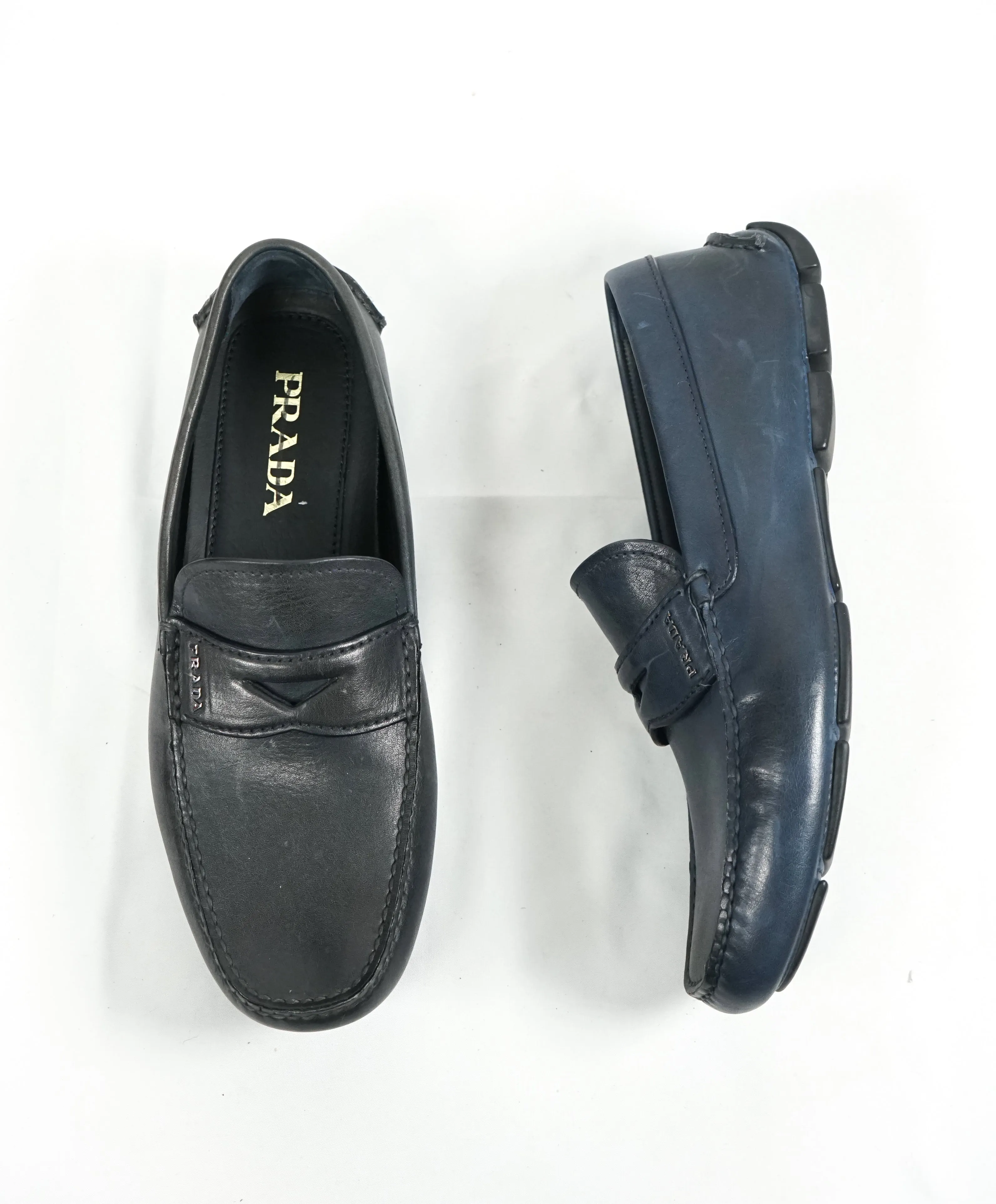 PRADA - Blue Penny Loafers With Silver Logo Lettering - 8