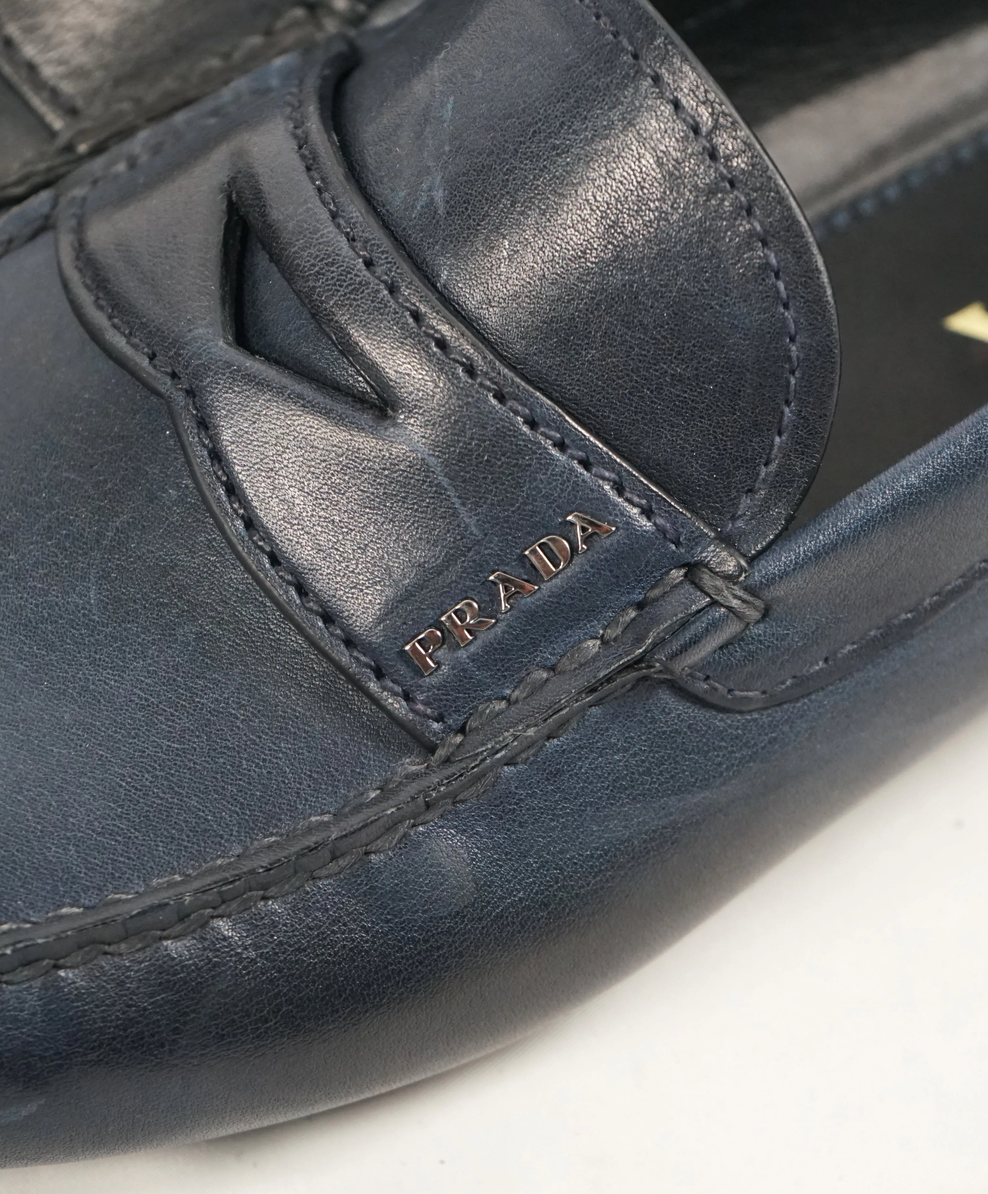 PRADA - Blue Penny Loafers With Silver Logo Lettering - 8