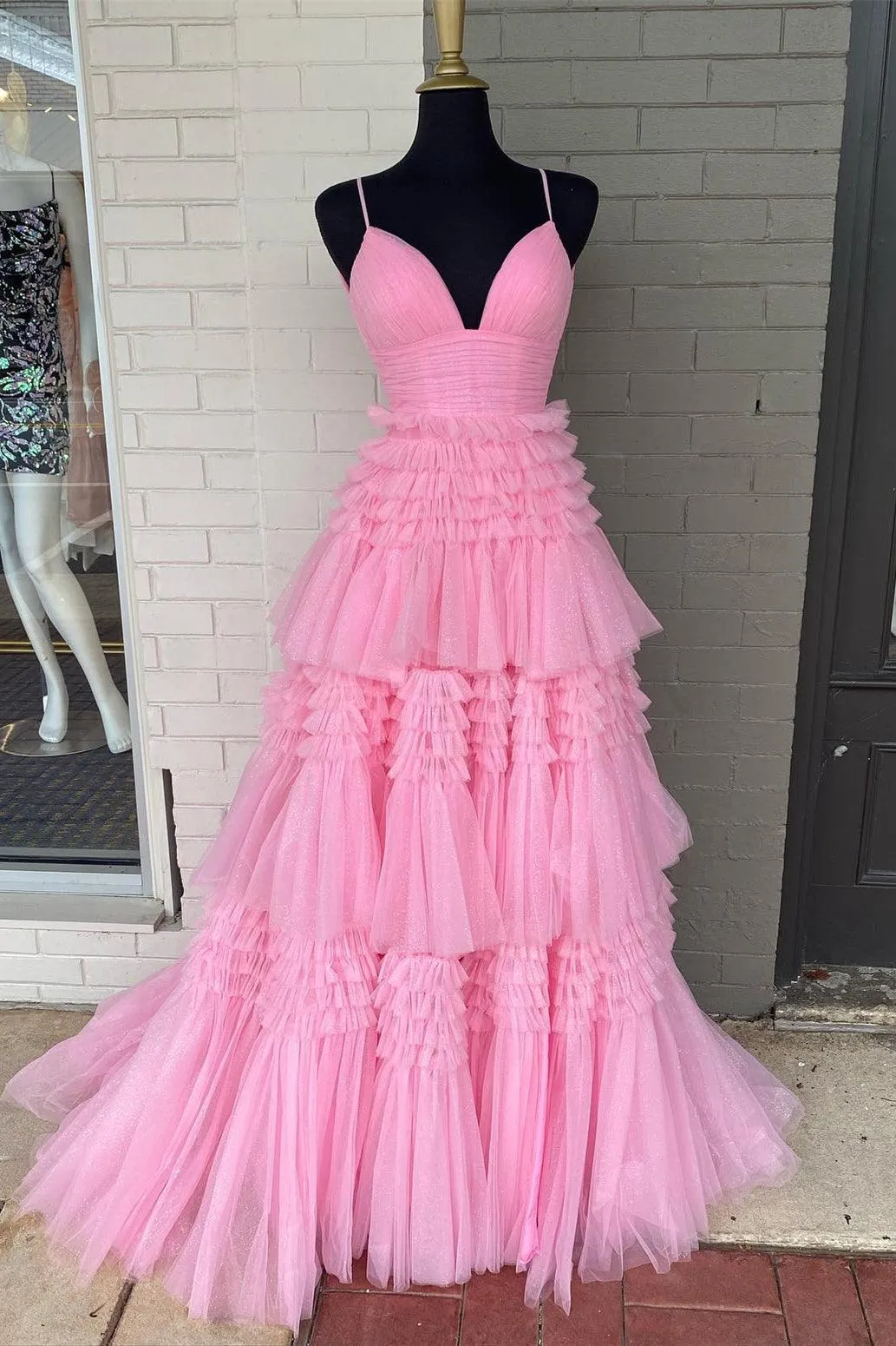Princess Pink Tiered Layers Tulle Long Prom Dress Formal Gown TP1153