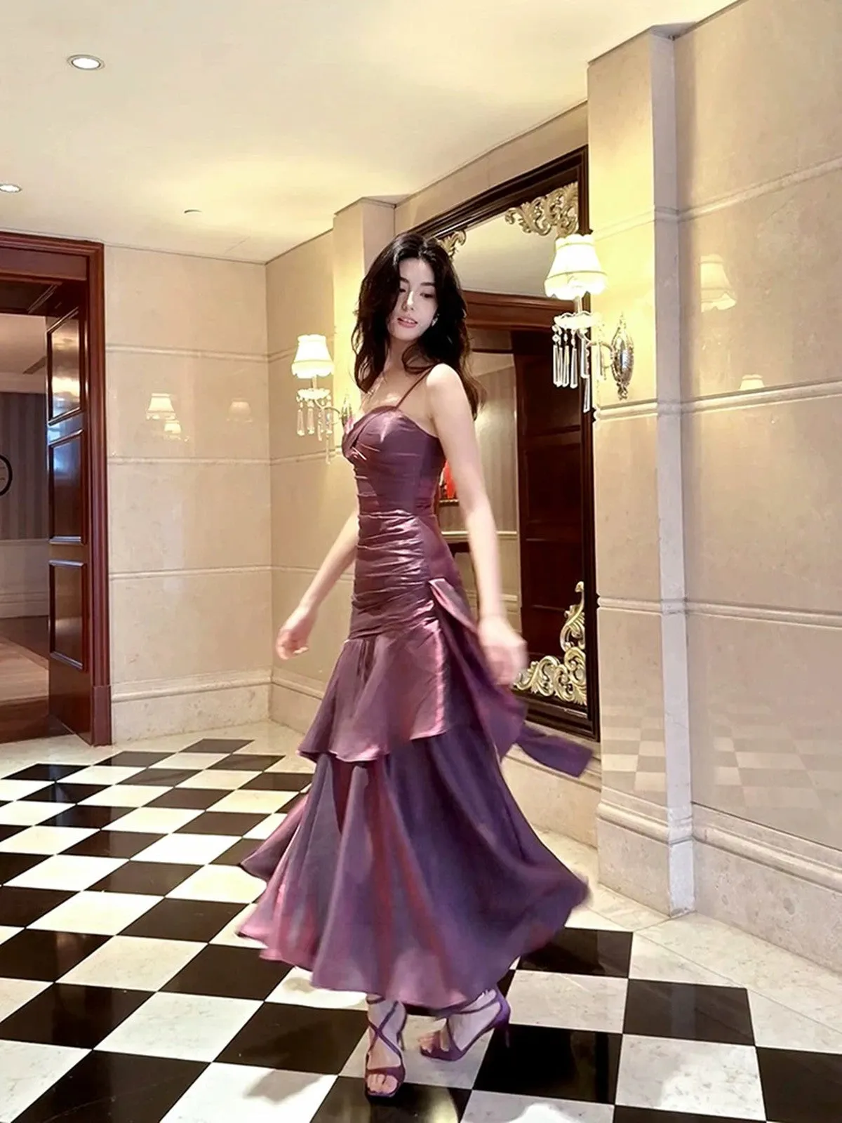 Purple Satin Straps Mermaid Long Formal Dress, Purple Prom Dress Evening Dress
