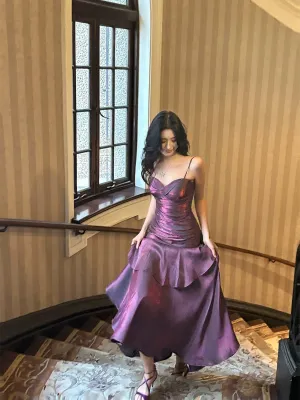 Purple Satin Straps Mermaid Long Formal Dress, Purple Prom Dress Evening Dress