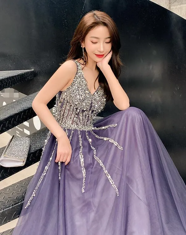 Purple V-neckline Beaded Tulle Long Formal Dresses, Purple Evening Gown Prom Dresses