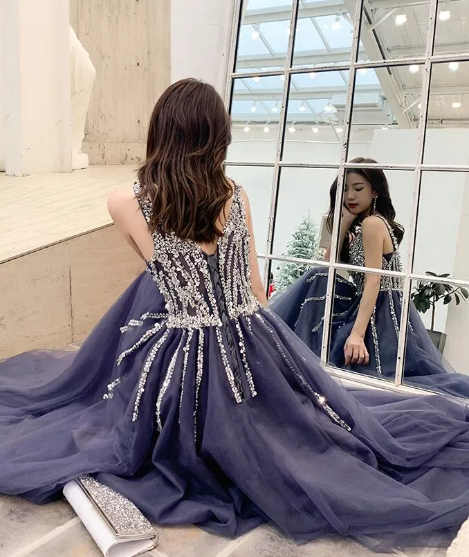 Purple V-neckline Beaded Tulle Long Formal Dresses, Purple Evening Gown Prom Dresses