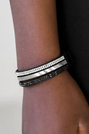 "I Mean Business" Black LEATHER Silver Studs, Chains, Rhinestones Snap Bracelet
