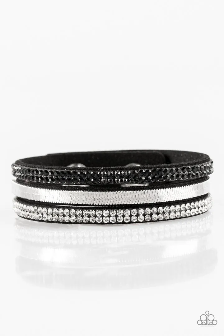 "I Mean Business" Black LEATHER Silver Studs, Chains, Rhinestones Snap Bracelet