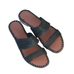 Raffia Two-Strap Slide (Black)